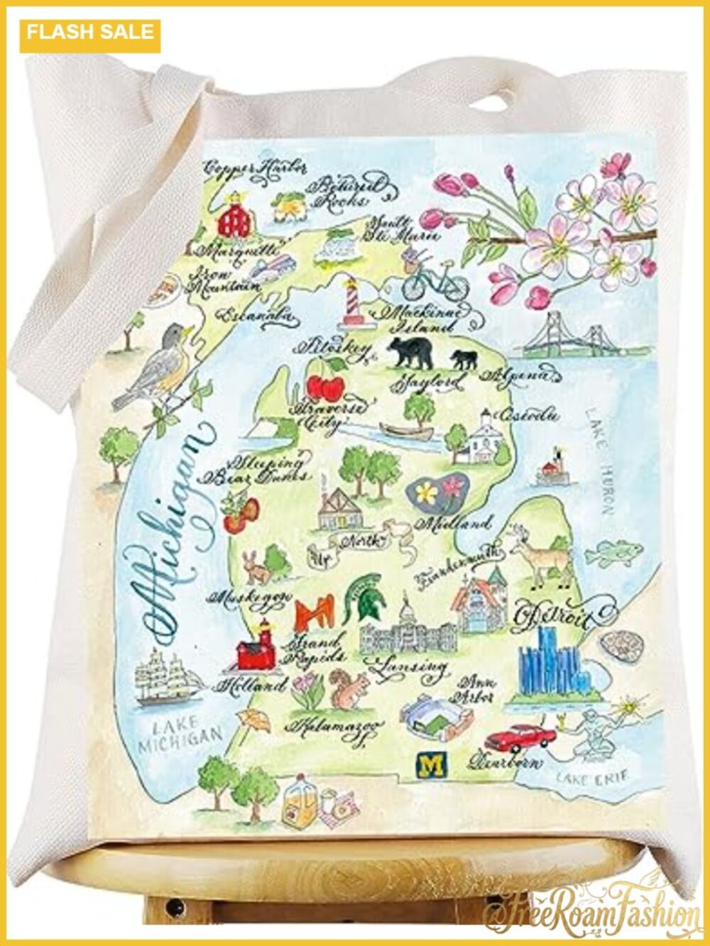Canvas Tote Bag Michigan State Map Souvenir Shoulder Bag Waterproof Vacation